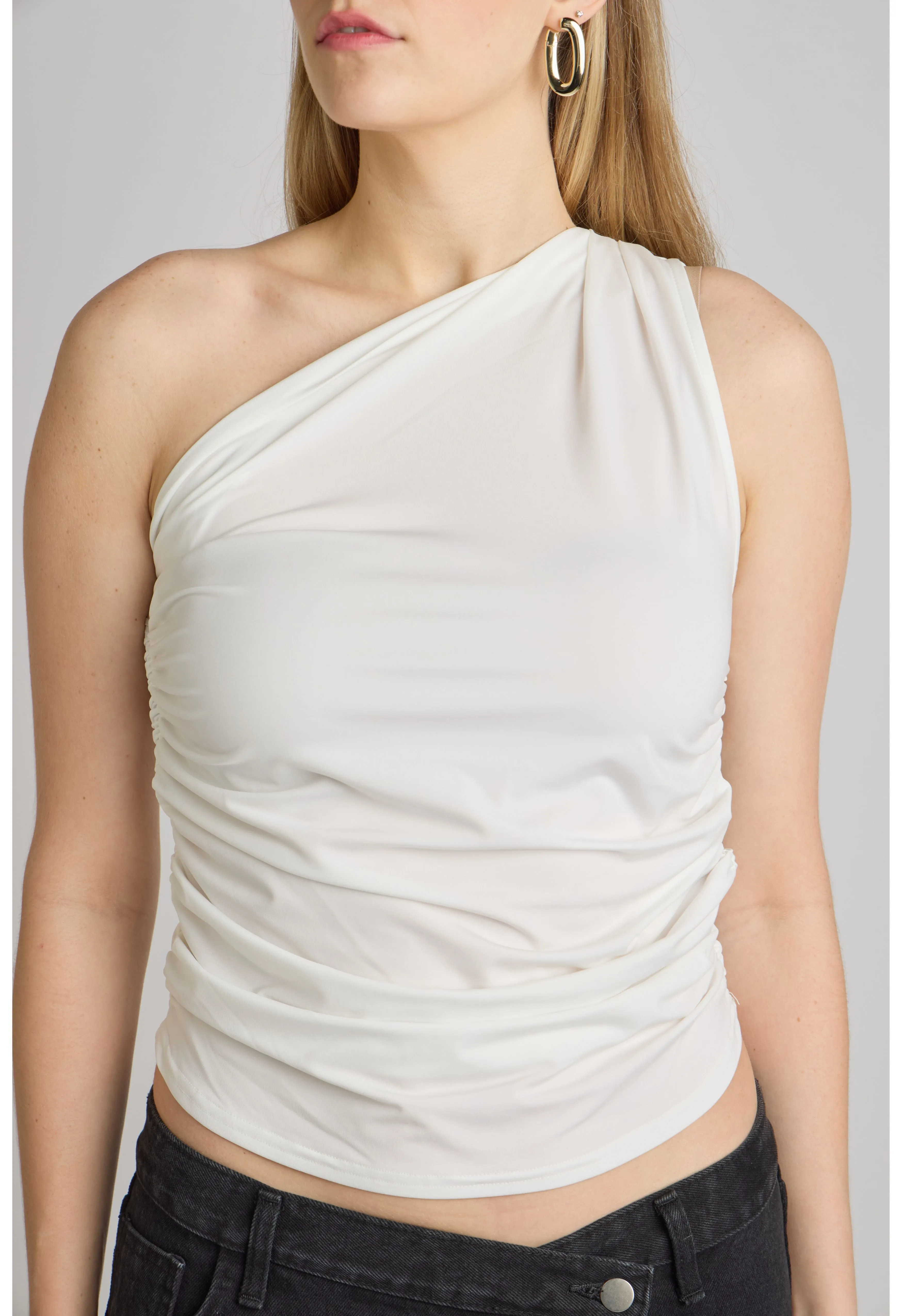 One Shoulder Ruched Top in White