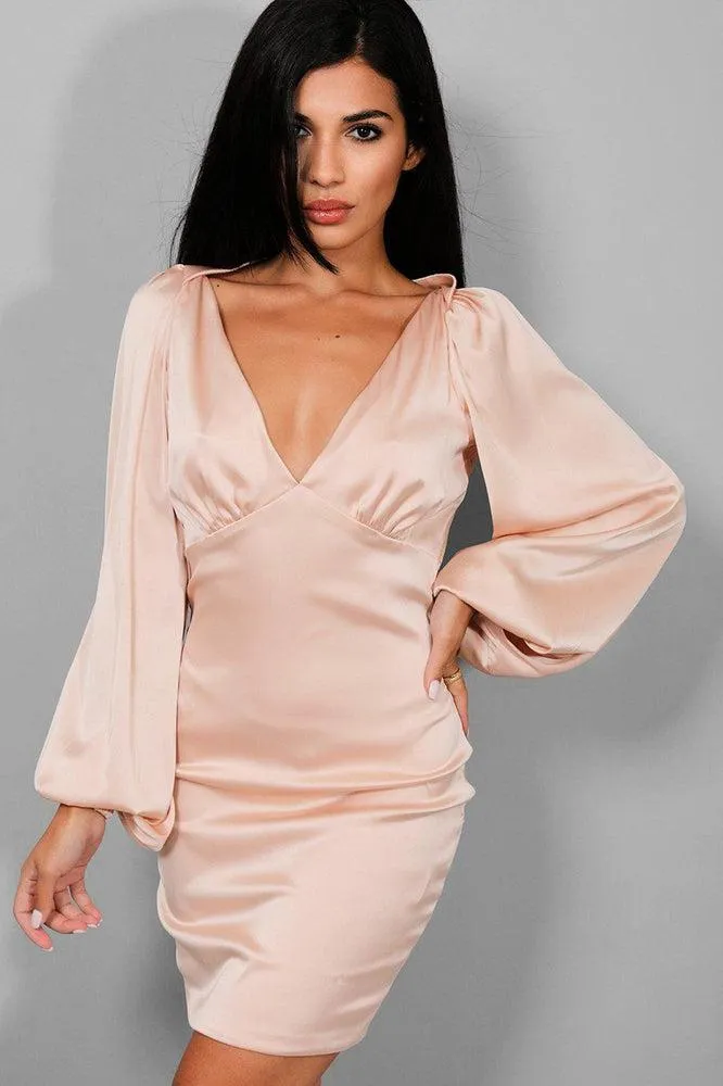 Pink V-Neck Volume Sleeves Mini Dress