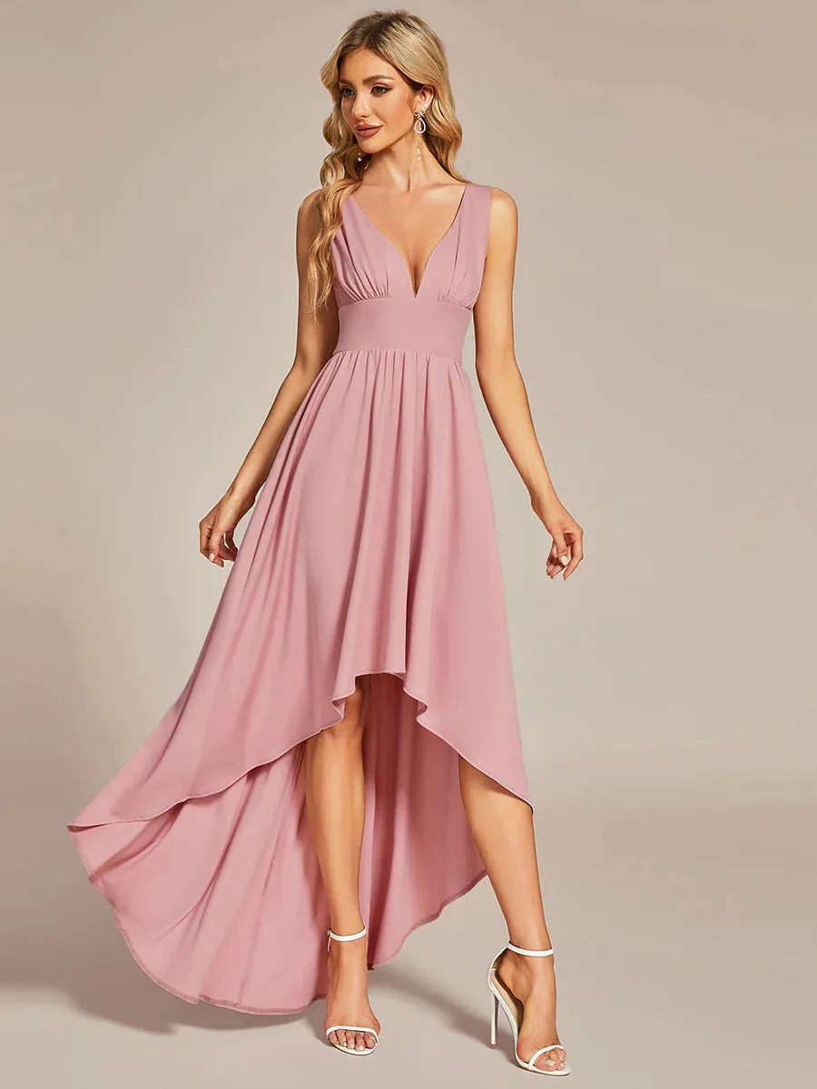 Ruffle V-Neck High-Low Bridesmaid Dress