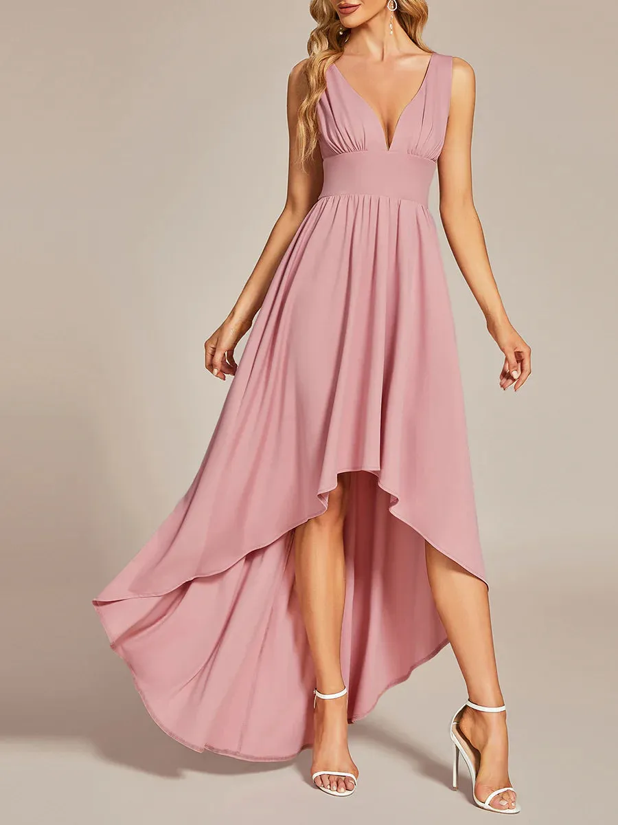 Ruffle V-Neck High-Low Bridesmaid Dress