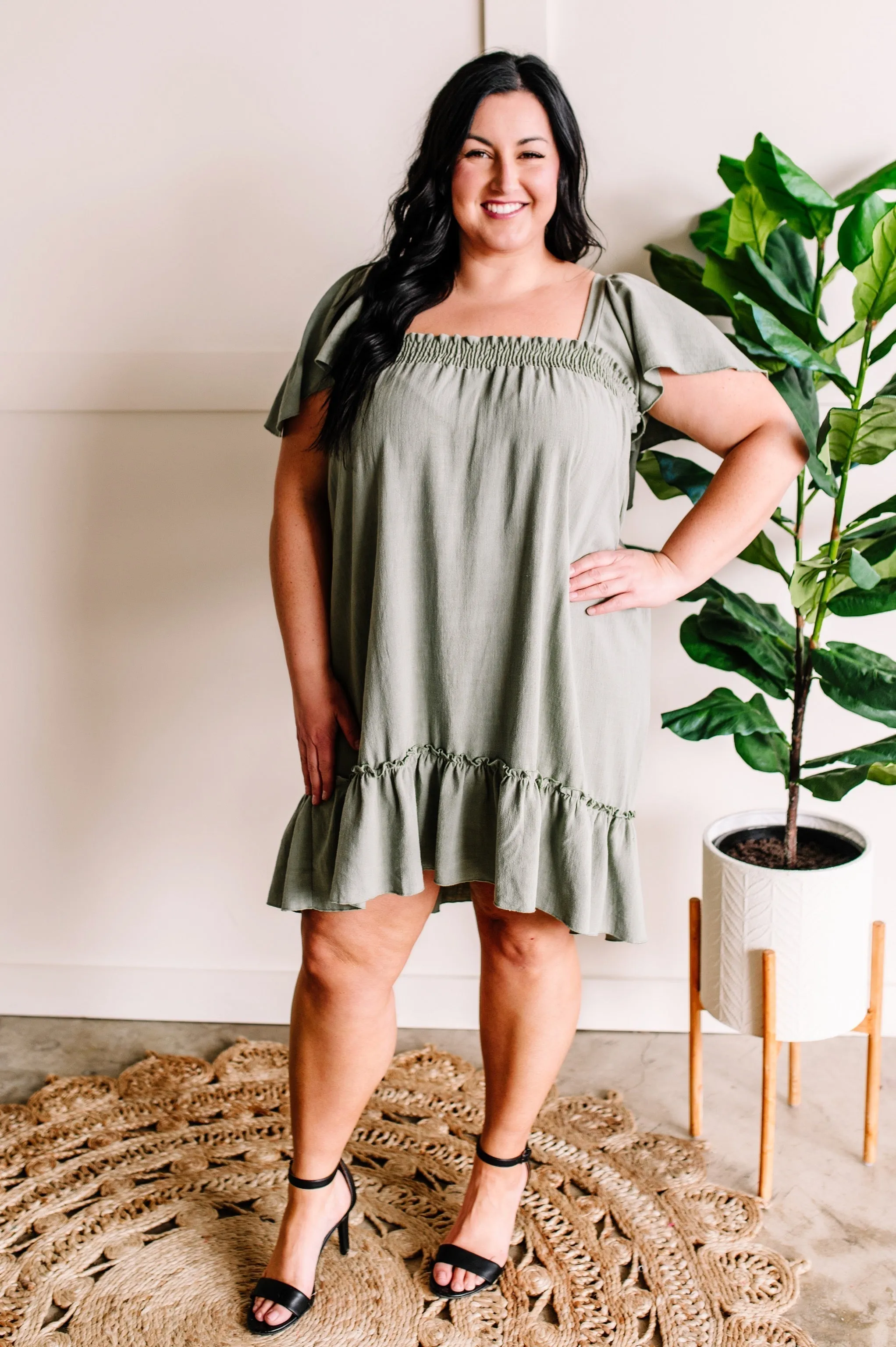 *Size 2XL: Smocked Flutter Sleeve Dress in Green Willow