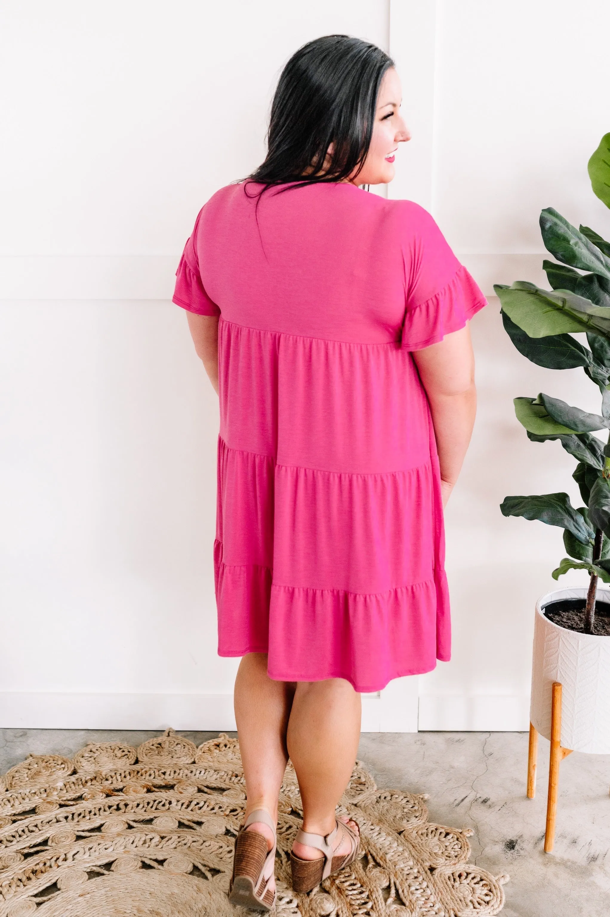 Tiered Shift Dress In Pink Peony