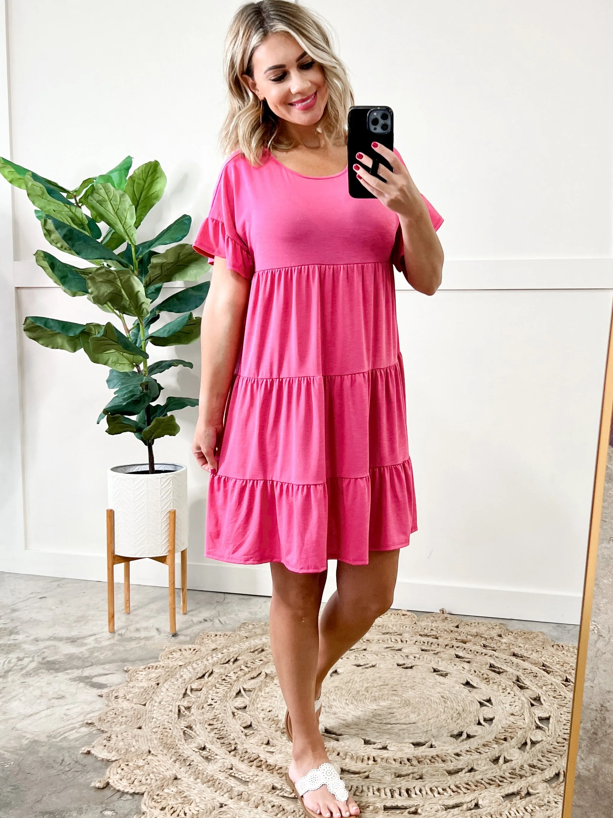 Tiered Shift Dress In Pink Peony