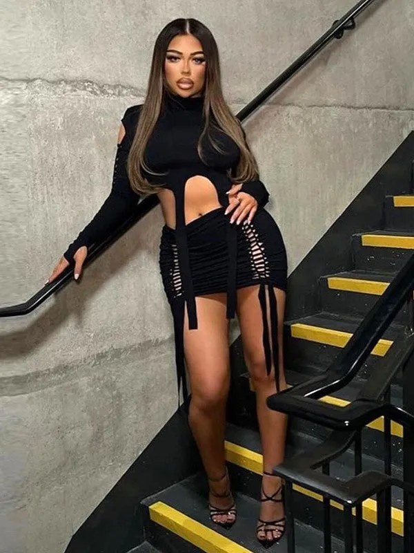 Weaved Cut Out Asymmetrical Crop Top Bodycon Mini Skirt Set